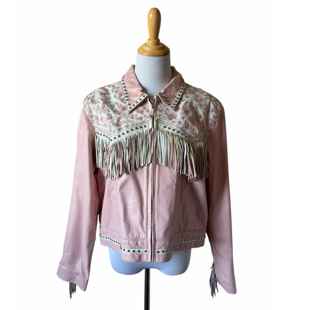 VTG Signature Gordon & James Pink Fringe Studded Rhinestone Wstrn Leather Jacket